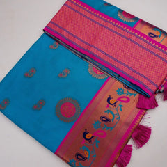 Satrangi Banarsi Blue Soft Silk Zari Saree