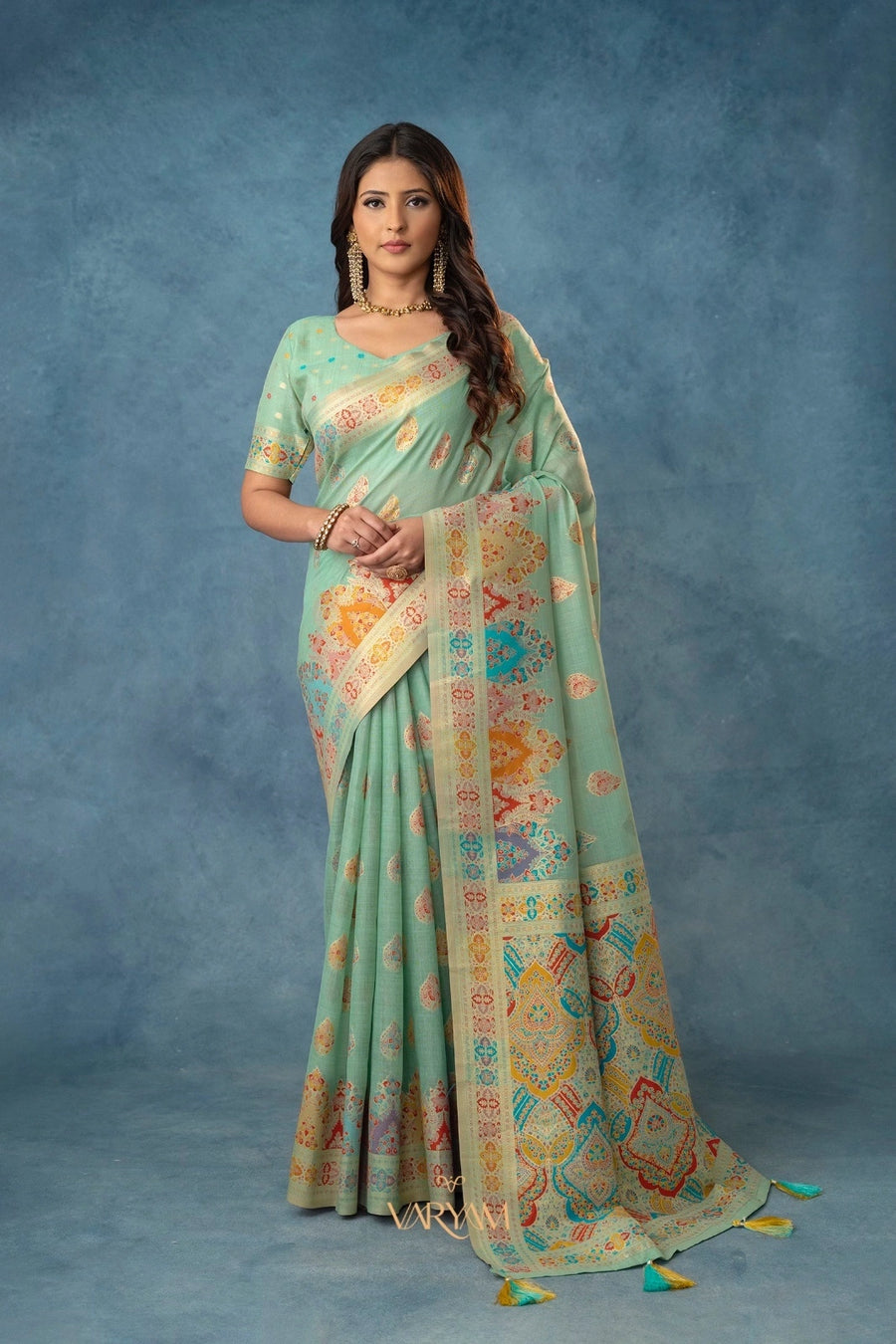 Meenakari Cotton Mint Saree