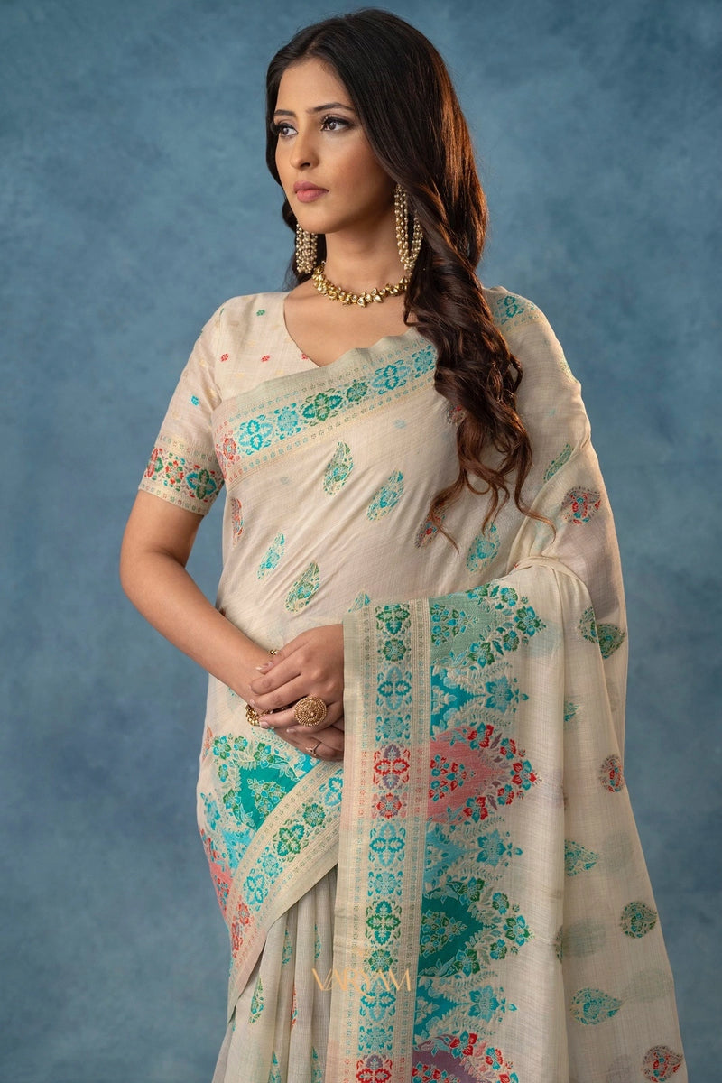 Meenakari Cotton White Saree