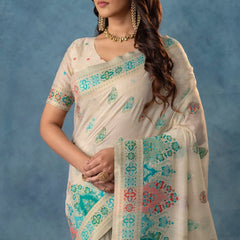 Meenakari Cotton White Saree