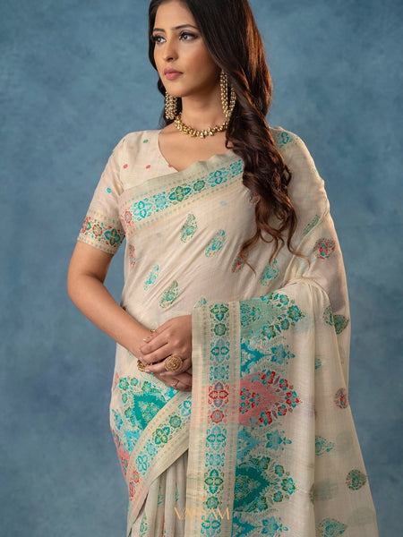 Meenakari Cotton White Saree