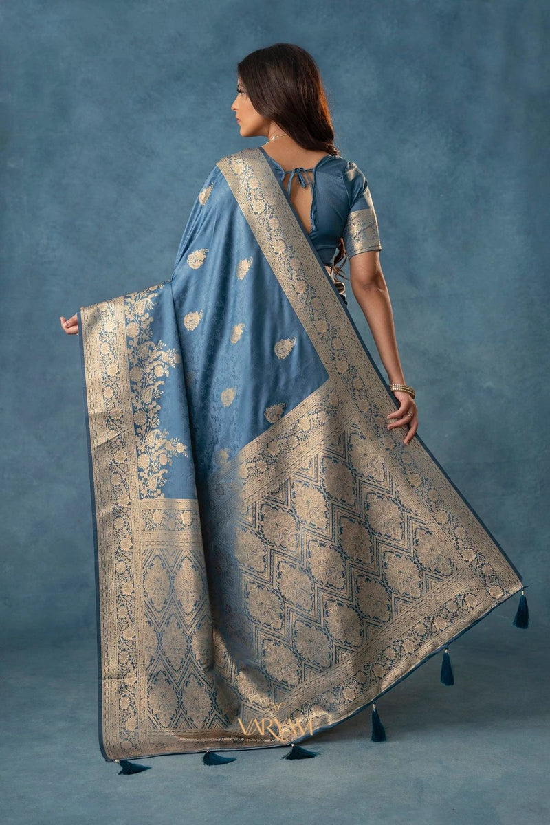 Strawberry Satin Silk Blue Saree