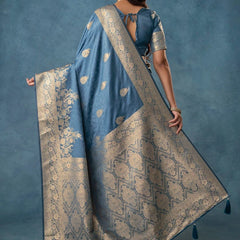 Strawberry Satin Silk Blue Saree