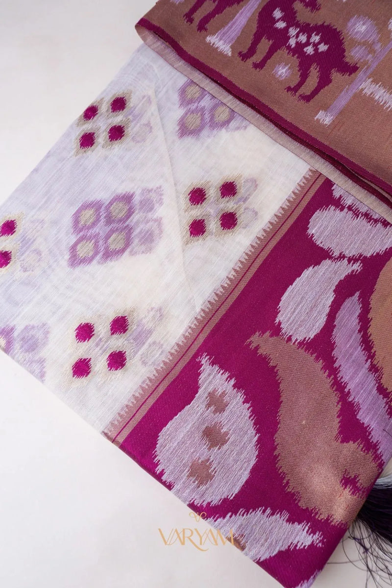 Patola Linen Cream Purple Saree